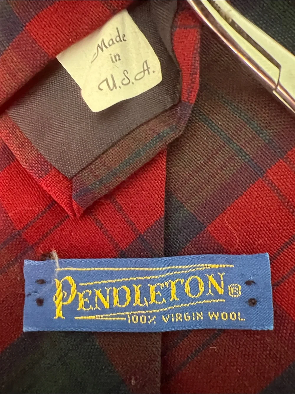 Vintage Pendleton Tie Red Blue Plaid 100% Virgin Wool Made USA 3